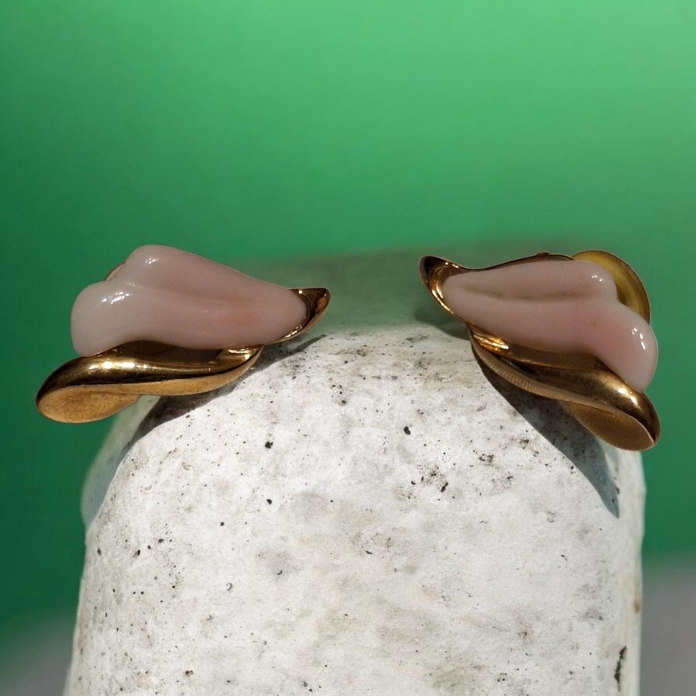 Gold and Pink Porcelain Vintage Postback Earrings